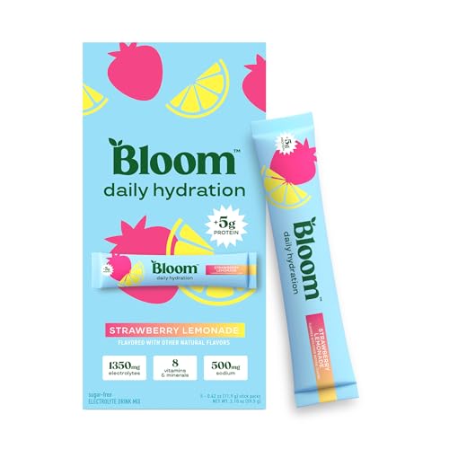 Bloom Daily Hydration Electrolyte Powder Packets with Collagen 5g Protein Electrolytes Vitamins & Minerals Sugar Free Drink Mix Strawberry Lemonade 5 Count