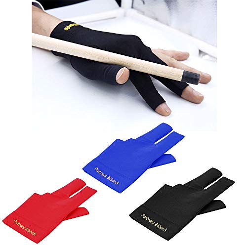Comidox 3Pcs Man Woman Elastic Lycra Left Hand 3 Fingers Billiard Cue Glove For Shooters Carom Pool Snooker Cue Sport Red&Blue&Black #TOP2