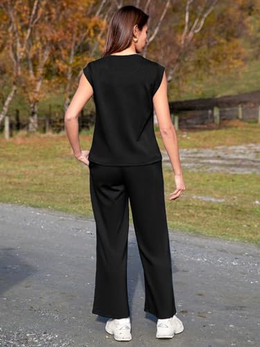 Glamaker Women\'s 2 Piece Sets Summer Lounge Travel Outfits Sleeveless Wide Leg Airport Casual Trendy Sweatsuits(Black,Small)