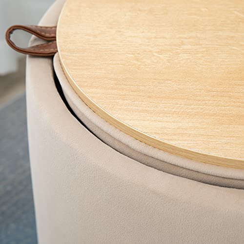 Pouf coffre velours beige couvercle plateau HOMCOM