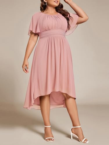 Image of Ever-Pretty Women's Plus Size Formal Wedding Guest Dresses for Curvy Women A Line Chiffon Midi High Low Cocktail Dress