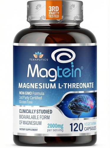 Magnesium L Threonate, Magtein, Brain Supplement for Memory, Focus, Sleep and Cognitive Support, High Absorption Magnesium L-Threonate, Non-GMO, No Laxative Effect – 2,000 mg, 120 Vegan Capsules