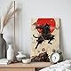 DecoMe Wandbild 30 x 20 cm Samurai - Katze Schlafzimmer Wohnzimmer Wanddeko Bild - Leinwand Holz Zimmer Deko Aesthetic Room
