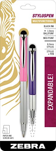 Zebra StylusPen Telescopic Ballpoint Pen, Medium Point, 1.0mm, Black Ink, Pink and Purple Barrels, 2-Count (33672)