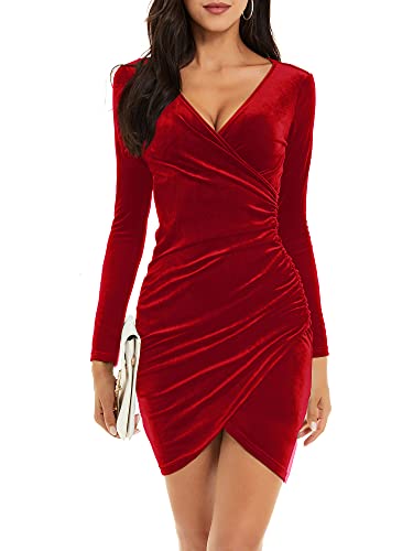 GUBERRY Formal Dress for Wedding Guest Velvet Dress Sexy Bodycon Dress for Women Long Sleeve(X-Large, Red)