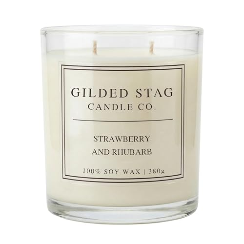 Gilded Stag Scented Candle - Strawberry & Rhubarb - Large 2 Wick Soy Wax Candle - Luxury Home Décor Fragrance & Gifts for Women - 50 Hours Burn, 50cl Glass Jar