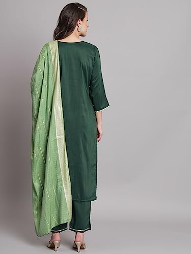 Image of VredeVogel Women Cotton Slub Straight Kurta Set With Pant and Net Embroidery Dupatta