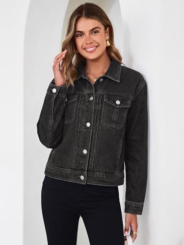 Image of Glamaker Womens Jean Jacket 2026 Casual Basic Trendy Button Down Long Sleeve denim Jacket Coat With Pockets