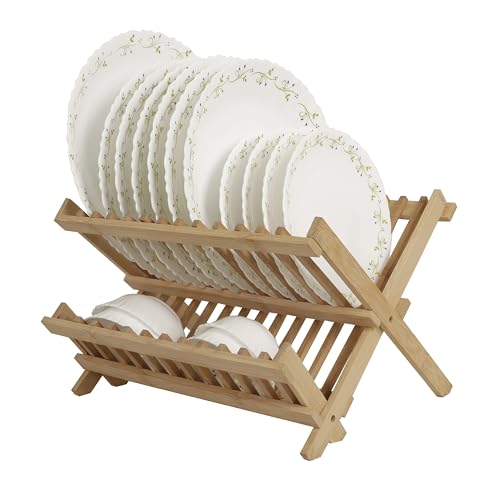 Image of HOKIPO Folding 2-Tier Bamboo Plate Stand, (NEW-AR-4)