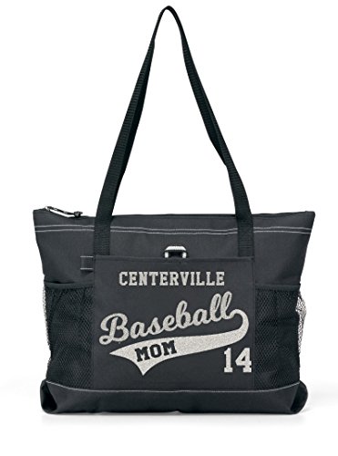 Glitter Baseball Mom Sports Tote - Custom Glitter BASEBALL on a Tail on a Black/Black tote.