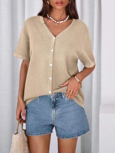 Image of NALANISA Women's Short Sleeve Sweater Spring Summer Crochet Knit Tops 2026 V Neck Striped Button Down Dressy Casual Blouses