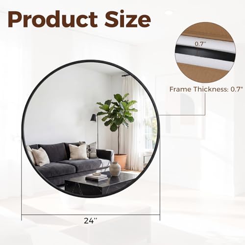 Image of Sweetcrispy 24 Inch Round Wall Mirror, Bathroom Mirrors for Over Sink, Matte Metal Framed Circle Vanity Mirror, Wall Decor for Bedroom, Entryway, Anti-Rust, Tempered Glass, Hanging or Leaning, Black