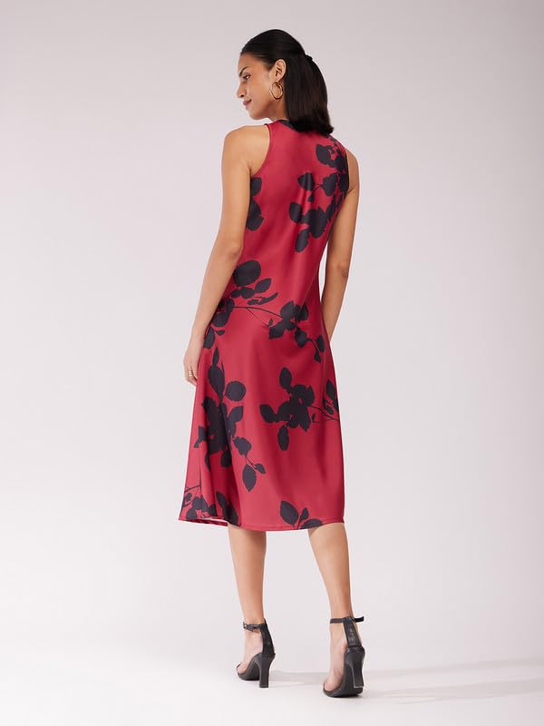 Image of FableStreet Women Party Dress | Elegant A-Line Fit Midi Length V-Neck Sleeveless | Lustrous Satin Fabric for Evening Gatherings & Celebrations