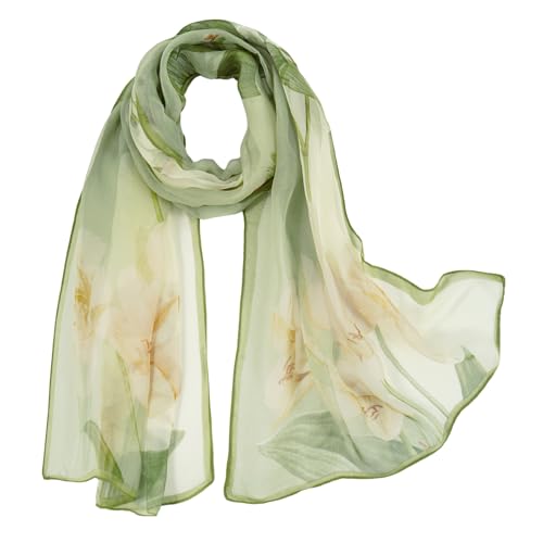 E-Clover Floral Scarf for Women Lightweight Green Flower Chiffon Sheer