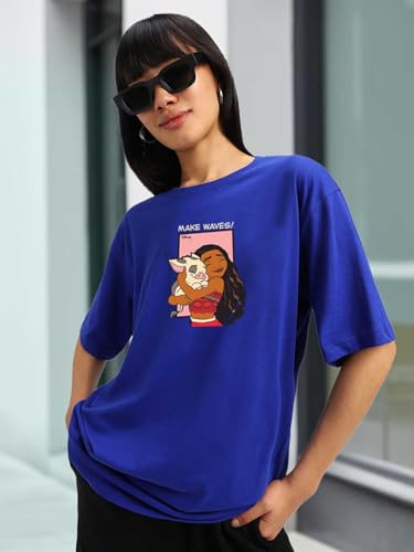 Image of JUNEBERRY 100% Pure Cotton Oversized Baggy Fit Official Disney Merchandise Cool & Goofy Graphic Printed T-Shirt for Women (Characters: Moana, Pooh & Lion King)