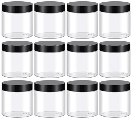 TUZAZO 4 Oz Plastic Container Jars with Lids and Labels BPA Free, Empty Round Clear Cosmetic Slime Jars for Lotion, Cream, Ointments, Body Butter, Makeup, Travel Storage (12 Pack)