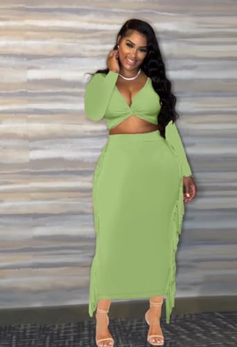 Image of Two Piece Club Outfits for Women Sexy Long Sleeve Crop Top Bodycon Pencil Skirt Tassels Dress V Neck Green S