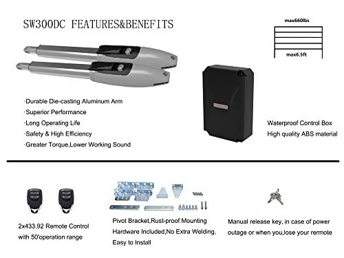 Dortimate Sw300Dc Automatic Gate Opener Kit Heavy Duty Gate Operator For Dual Swing Gates Up To 20 Feet Or 661 Pounds Per Leaf Color Grey+Black (Dual Arms) #TOP2