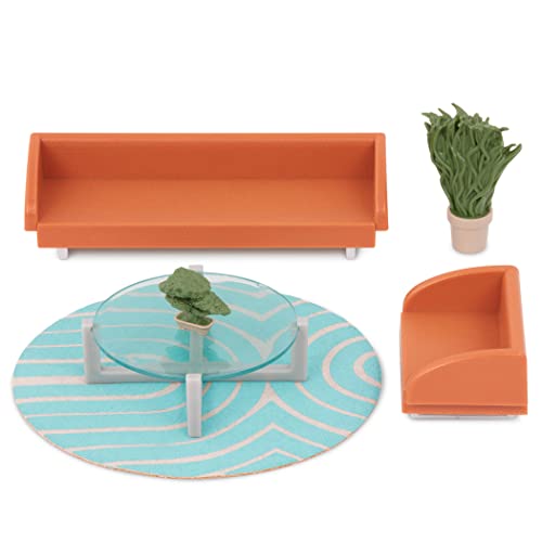 Lori – Mini Boy Doll & Toy Living Room Furniture – 6-Inch Boy Doll & Dollhouse Accessories – Sofa, Armchair, Coffee Table, Rug, Plants – Play Set For Kids – 3 Years + – Miguel's Lounge Set #TOP2