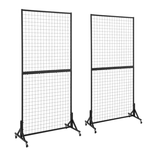 OUDUCK 2 Packs 3' x 6' Grid Wall Panels Standing Wire Grid, Sturdy Display Rack with T-Base Wheels Freestanding Gridwall Panel Tower for Shows, Black