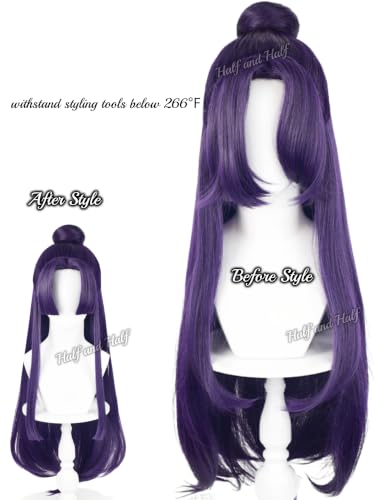 Image of Half and Half Jinshi Cosplay Wig Long Straight Dark Purple Anime Wigs with Bangs & Bun 33'' Deep Purple Wigs for Unisex Halloween Costumes Party