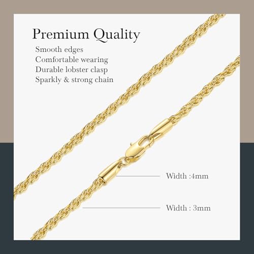 14K Gold Chain for Women & Men Gold Necklace for Women & Mens Necklaces for Womens Trendy Twist Rope Chain Necklace for Womens Mens Chains Neckalces for Men 3mm 16’’- 30”2