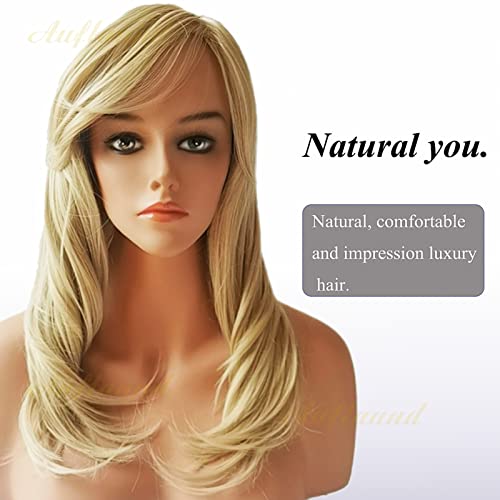 Auflaund Natural Ombre Blonde Curly Wigs Shoulder Length Long Wavy Blonde Hair Wigs With Darker Root For Women + Wig Cap #TOP1