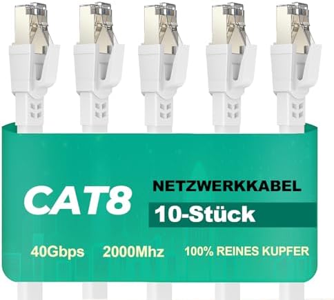 Ercielook Cat8 LAN-Kabel Kurz 0,5m Flach 40 Gbit/s Metall-RJ45, 10 Stück | Netzwerkkabel 0,5m Nettolänge Reinkupfer 2000 MHz, geschirmtes Flachkabel für Patchfeld, Serverraum, Rout