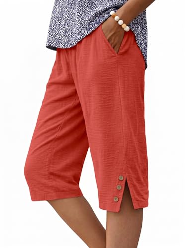 IWOLLENCE Women's Bermuda Shorts Knee Length Long Shorts Seniors Baggy Side Split Capris Summer Beach Lounge Short Pants with Pockets Orange Red, XL