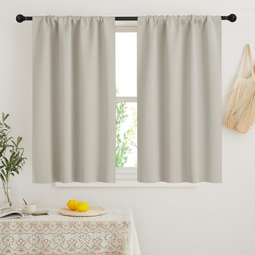 RYB HOME Blackout Short Cafe Curtains, Privacy Light Block Small Window Curtains for Bedroom Kitchen Basement Dining Classroom, W 34 x L 45 inches, Natural, 2 Panels