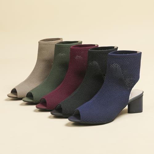 Women's Knit Peep Toe Slingback Chunky Heeled Sandals Fashion Open Pointed Toe Cut Out Slip On Backless Ankle Boots Summer Comfortable Breathable Casual Sock Booties2