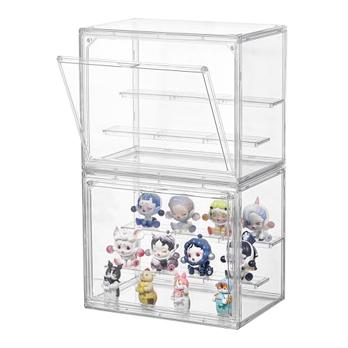 Clear Acrylic Display Case,2 Pack 3 Tier Adjustable Display Box Stand with 2 Movable Plates, Small Showcase Magnetic Door for Mini Action Figures Collectibles (Small by SANKEU - Used condition - US$30.28