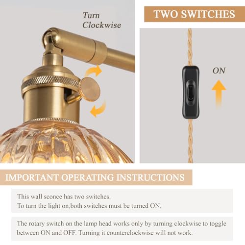 Image of Plug-in Wall Sconce, Vintage Wall Decorative Lamp with Amber Glass Shade, Indoor Plug-in Wall Sconce for Bedroom, Living Room, Hallway