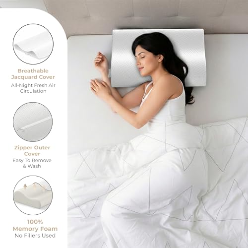 Image of MYARMOR Cervical Pillow for Neck Pain | Contour Design for Neck & Shoulder Pain Relief | Dual Height Ergonomic Support | 18 x 11 x 3.5 Inch | 2 Years Warranty | White Bamboo Cover - Pack of 1