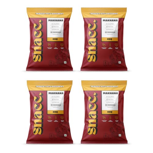 Image of Snacc BBQ Makhana, Spicy Roasted Fox Nuts, Protein Rich, barbecue makhana, Gluten Free, MSG Free, Zero Trans Fat, Zero Sugar, Low Calorie 18 g small pocket (Pack of 4, BBQ)