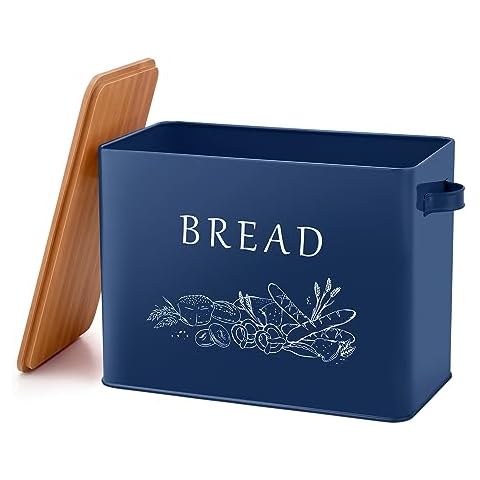 Homikit Dark Blue Metal Bread Bin with Cutting Board Cover