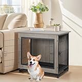 Shintenchi Dog Crate Furniture, Double-Doors Kennel Indoor with Removable Tray, End Table Dog House for Small Breed, 27.2' L, Grey