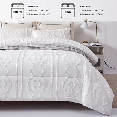 Luxudecor White Tufted Comforter Set King Size Boho Textured Comforter Shabby Chic Embroidery Bedding Set 3 Pieces Ultra Soft Comforter For All Seasons (White, 104''X90'') #TOP6