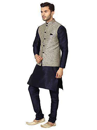 Image of Uri and MacKenzie Men's Silk Blend Regular Kurta Churidar Pyjama with Bundi Nehru Jacket /Waistcoat