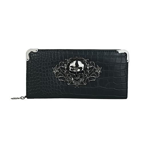 Goth Wallet Skull Clutch Bag PU Leather Gothic Purse (Black-1)