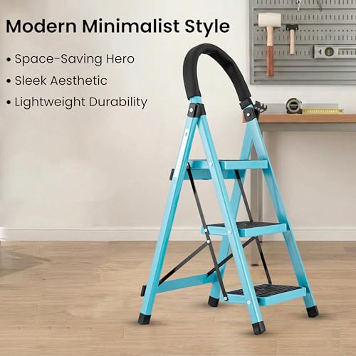 Image of Norman Jr Teal Blue 3 Step Ladder for Home Use with Built-in Tool Tray | Heavy Duty D Shape Rods | Ultra Large Platform | Wide Rubber Feet | 150Kg Capacity Foldable Ladder - 7 Years Warranty