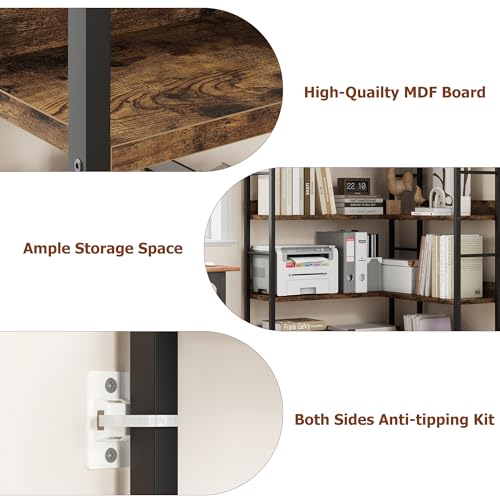 GarveeHome Corner Bookshelf Arched Bookcase, L Shaped Bookshelf Industrial Corner Shelf, Large Bookshelf With Metal Frame, Etagere Shelf Corner Display Rack for Living Room Bedroom