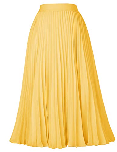 Vintage High Waist Skater Skirt Solid Tea Length Yellow Size M KK659-7