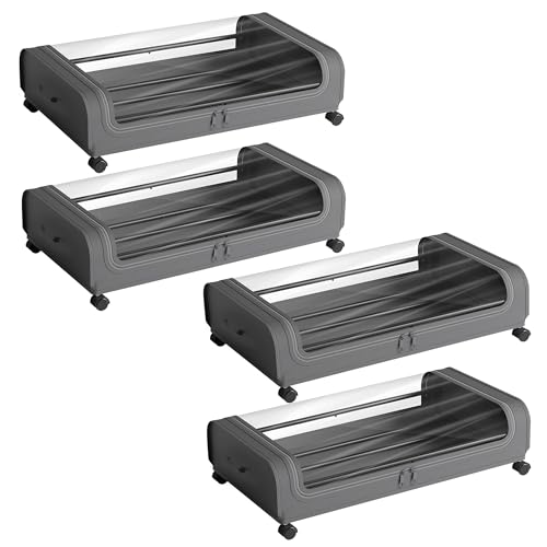 Image of Nayasa Under Bed Storage Box | Storage Organizer | Ideal For Small Space Clothes Storage | Clothes, Shoes, Toys, Books With Clear Cover | Lockable Wheels | Set of 4 | Grey