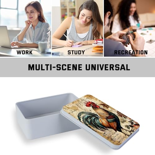 Image of Metal Tin Box with Lid,Multi-functional Storage Large Box Can Store Tea Biscuits Game Cards, Playing & Tarot Cards-Comes with 4 Magnetic Cord Clips,Vintage Rooster Art