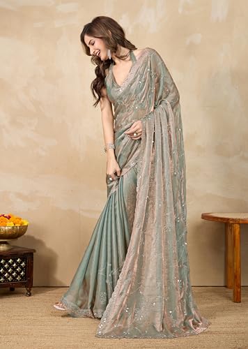 Image of TRENDMALLS Women's Satin Siroski With Mirror Work Saree with Unstitch Blouse Piece (K1158-SteelGreen)