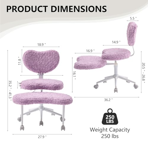 Image of Cross Legged Office Chair with Wheels, 360Swivel Meditation Chair, Adjustable Height Office Chair for ADHD and Yoga, Ergonomic Kneeling Chair with Back Support, Faux Fur, Violet