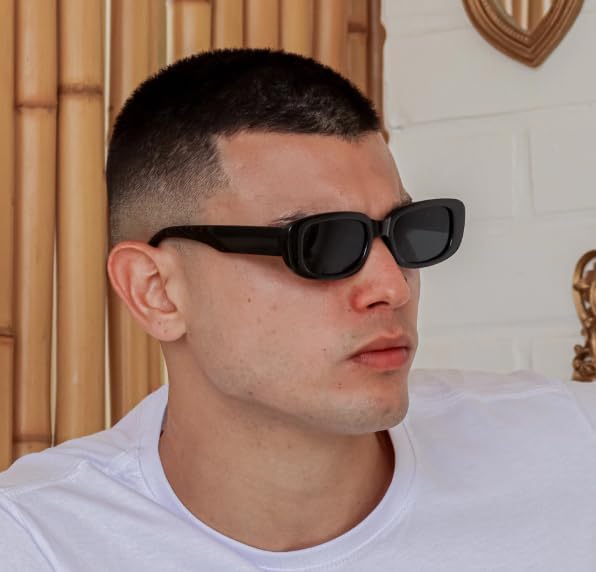 Image of Rectangular Sunglasses, Black Frame, Dark Grey Lenses, Retro Style-Men Women