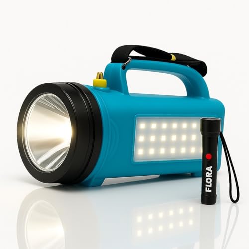 Image of Flysmart Bullet Dau Long Range LED Searchlight, Heavy Duty Emergency Torch with Powerful Focus Beam, Front Spotlight + Side LED Light, Free Flora AA Torch