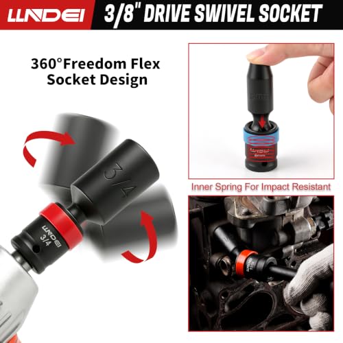 Image of LLNDEI 25Pcs 3 /8 inch Drive Swivel Impact Deep Socket Set CR-MO